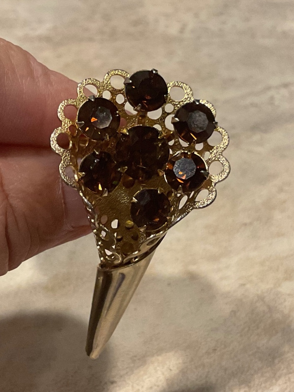 Vintage Gold-Tone Brown Crystal Bouquet Brooch Filigree